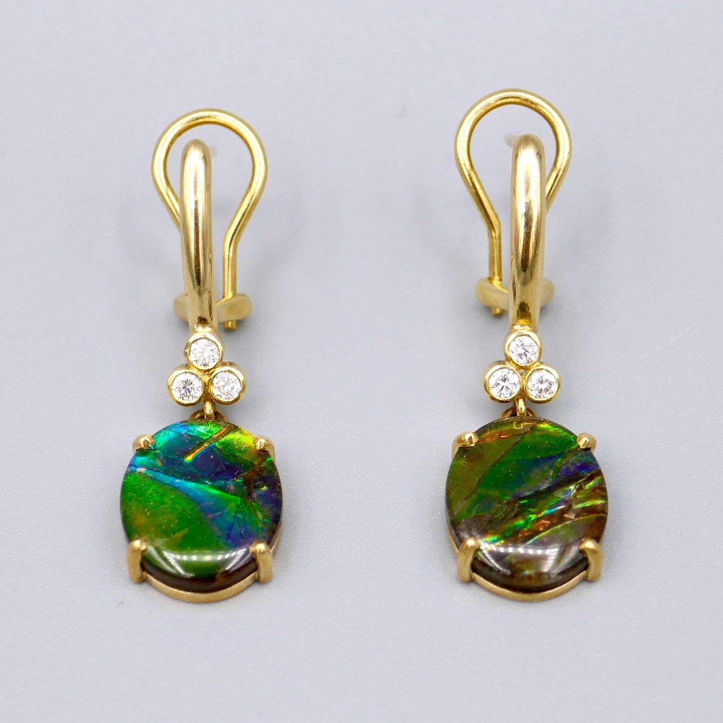 18K Yellow Gold Ammolite Earings w/ Diamonds