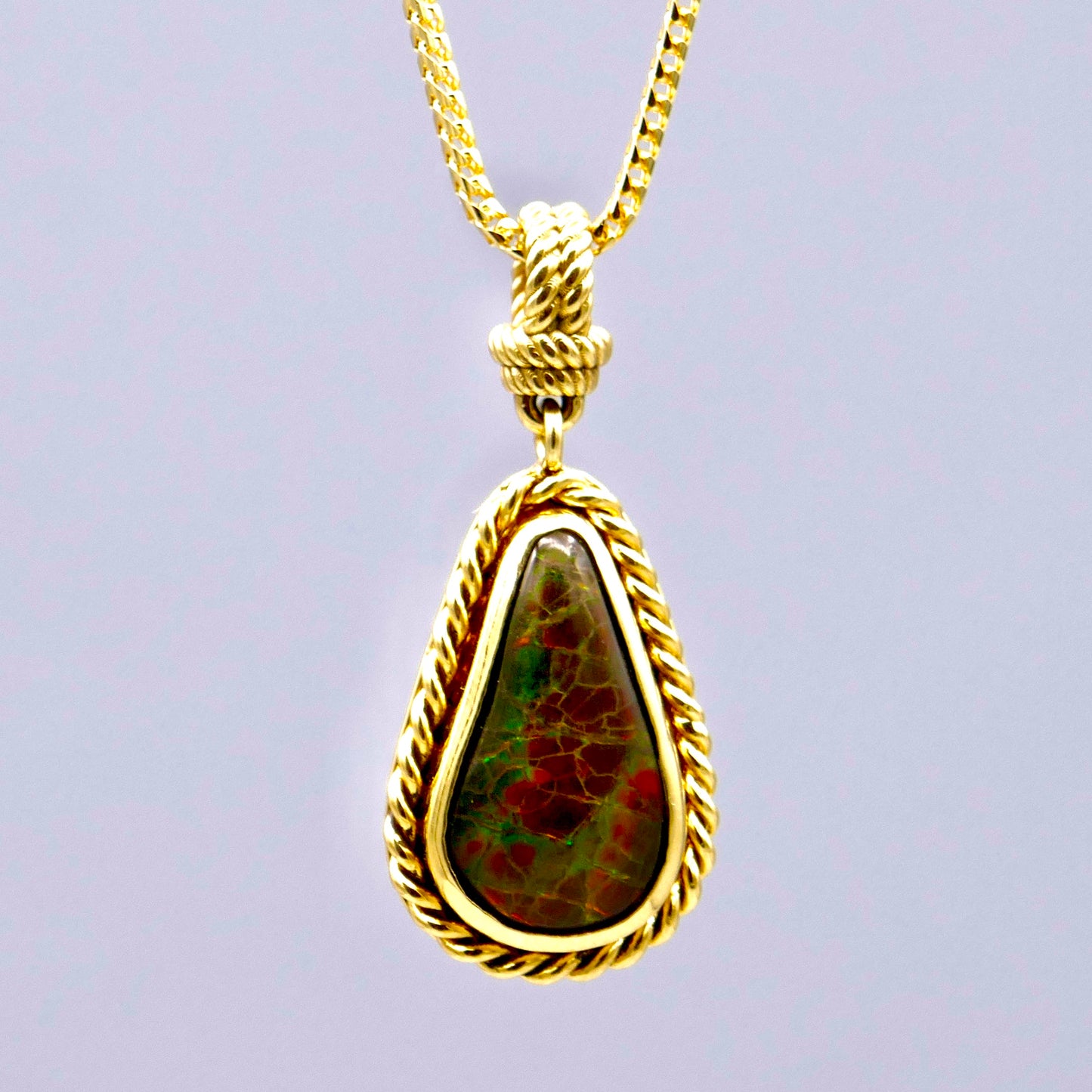18K Yellow Gold Roped Ammolite Necklace - Green & Gold