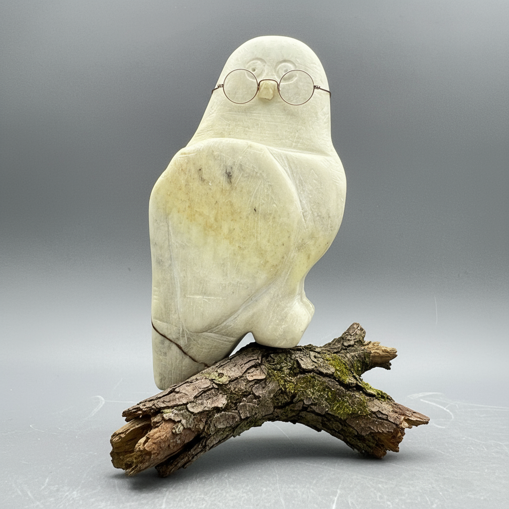 Stone sculpture of an owl with glasses on a branch, art classes for rainy days.