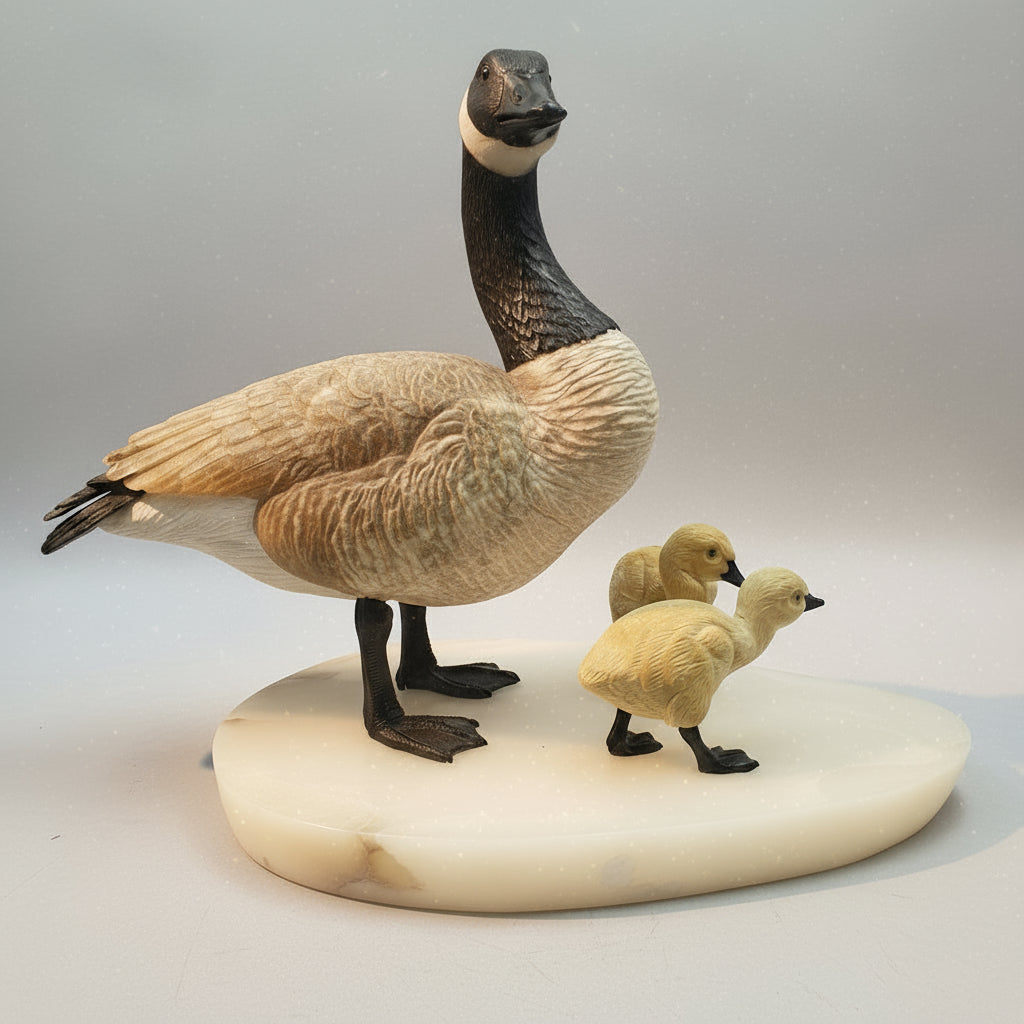 Behold a sculptural celebration of nature's most devoted guardians. This Canadian Goose Family captures the tender bond between mother and goslings in exquisite stone, each figure meticulously carved to embody grace and familial devotion. The matriarch stands sentinel in luxurious black and white marble, her neck elegantly rendered while her body flows in creamy alabaster. Black jade legs ground her presence, while smoky quartz eyes gleam with maternal wisdom. Her goslings mirror her majesty in miniature—