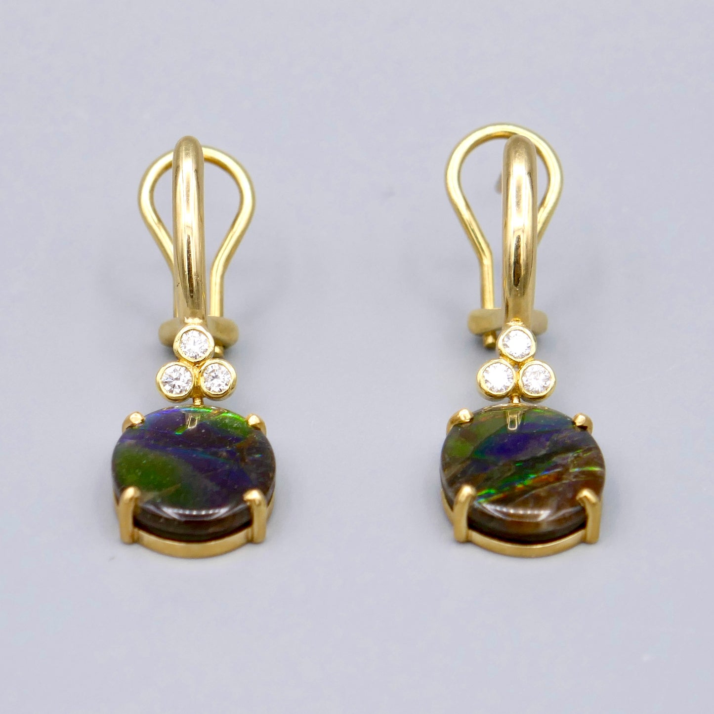 18K Yellow Gold Ammolite Earings w/ Diamonds