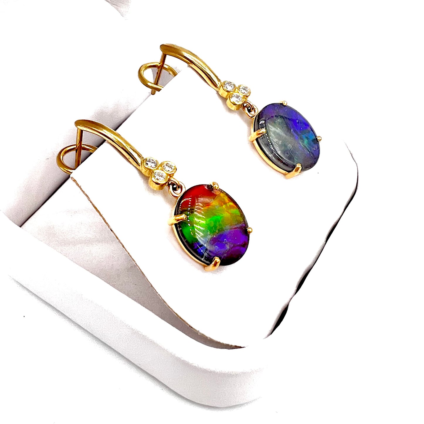 18K Yellow Gold Ammolite Earrings w/ Diamonds