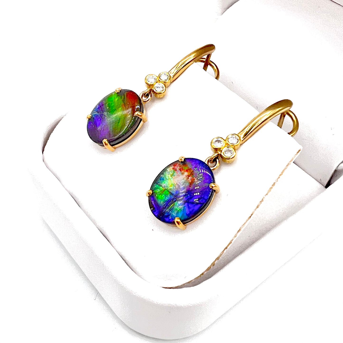 18K Yellow Gold Ammolite Earrings w/ Diamonds