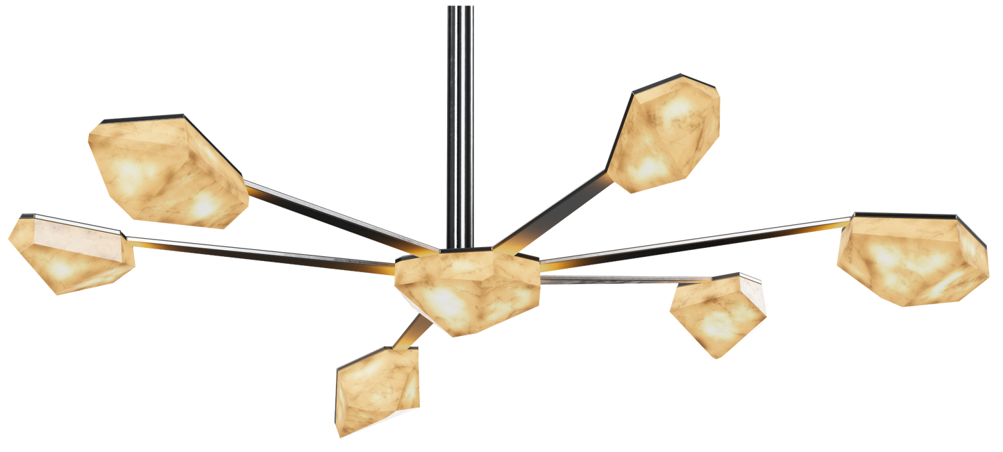 The alabaster pendant light has different heights on the arms giving a nice variety to the arm and unique position for each alabaster crystal.