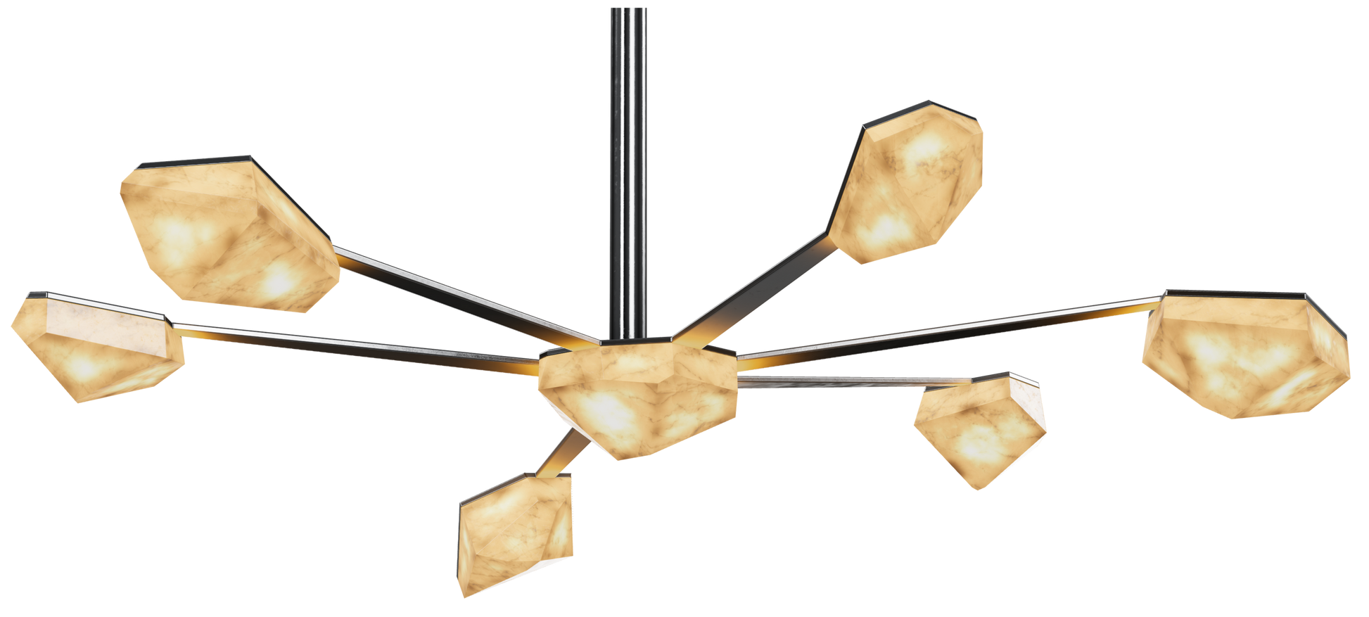 The alabaster pendant light has different heights on the arms giving a nice variety to the arm and unique position for each alabaster crystal.