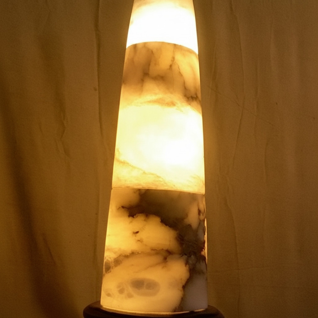 This multi stone alabaster rocket light looks like it might launch to Mars from SpaceX headquarters.