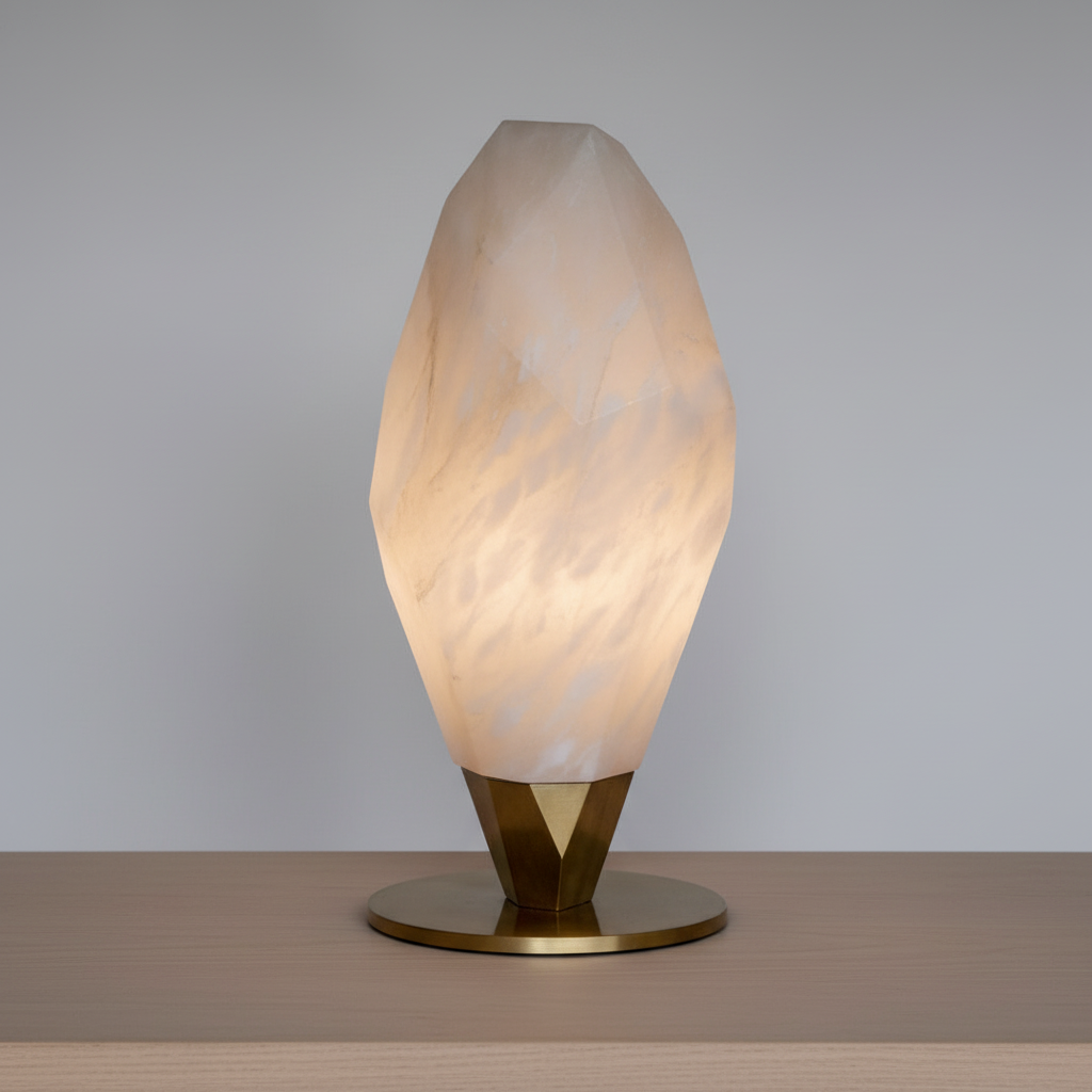 Stalagmites and Stalactites are the inspiration for this upright crystal lamp.
Title: Alabaster Upright Crystal Lamp
Stone: Alabaster & Brass
Size: 13" tall x 45 lbs
Weight: 22 lbs/ 10 kgs
Made in BC Canada