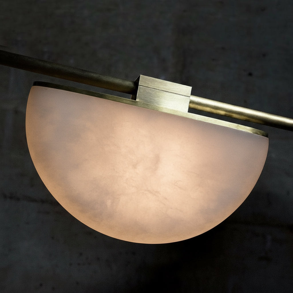 The alabaster stone on this perfectly polished brass contract is beautiful with the light on or off.