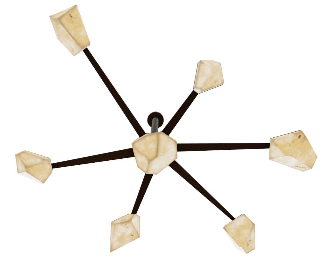 These alabaster crystal star light has seven faceted cut alabaster glowing lights.  Each stone light is artistically hand carved to be different shapes.