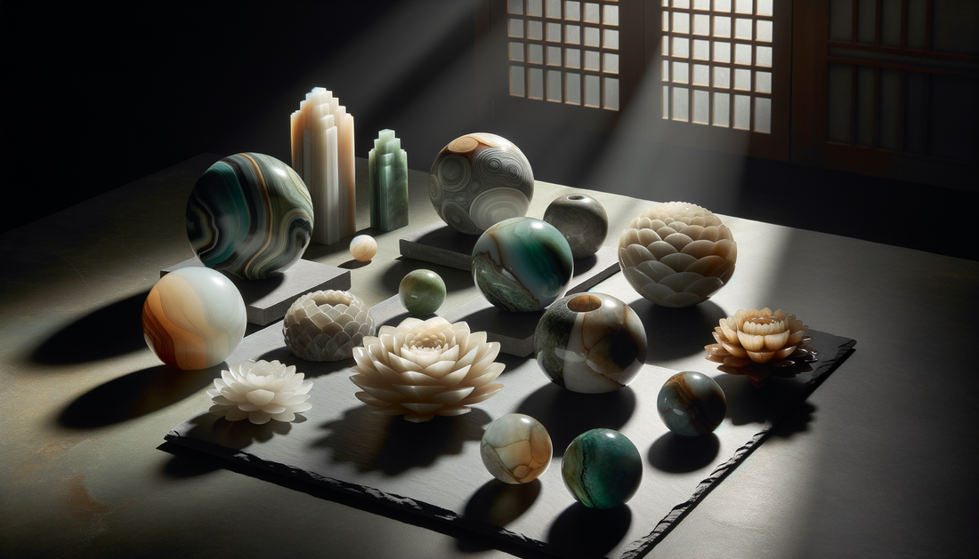 hand-carved stone sculptures in soft light on natural slate, earthy and elegant