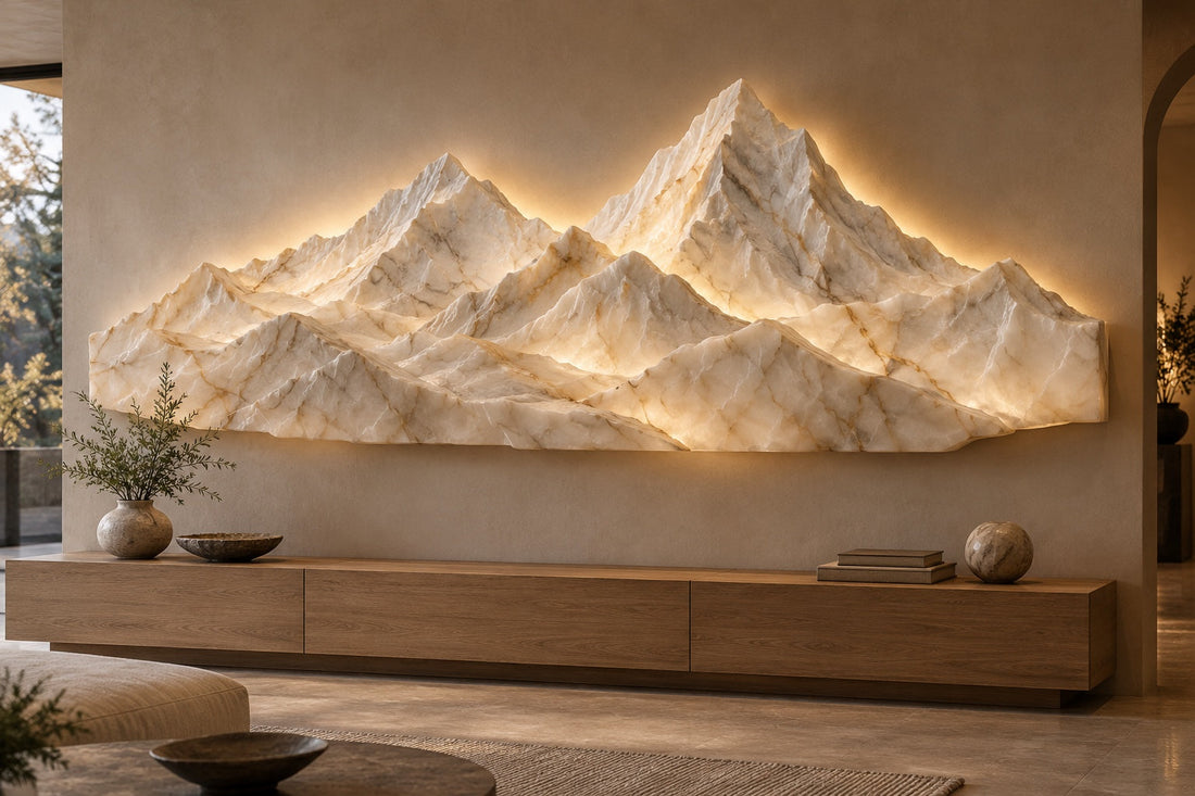 Concept rendering of a backlit mountain stone wall sculpture above a wood console