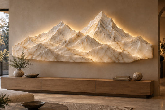 Concept rendering of a backlit mountain stone wall sculpture above a wood console