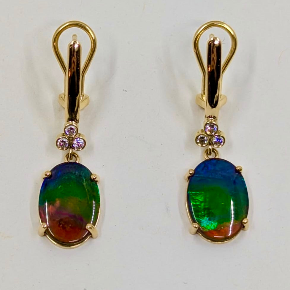 Omega Back 18K Gold & Diamond, AAA Ammolite Drop Earrings