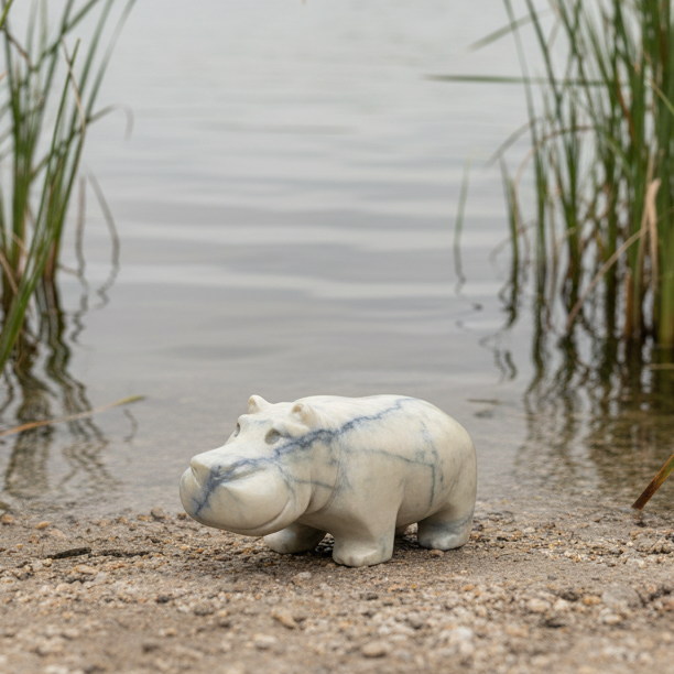 Small stone hippo figurine on a dark gray background — the perfect art room activity for any age.