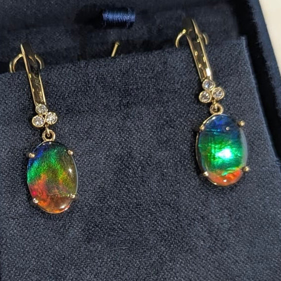 Omega Back 18K Gold & Diamond, AAA Ammolite Drop Earrings