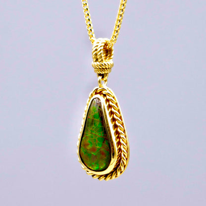 18K Yellow Gold Roped Ammolite Necklace - Green & Gold