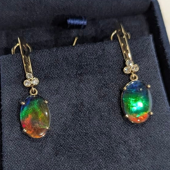 Omega Back 18K Gold & Diamond, AAA Ammolite Drop Earrings