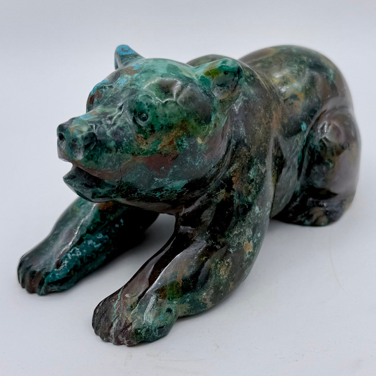 Playful Tide – Chrysocolla Cub Bear Sculpture – Chrysocolla & Malachite stone sculpture