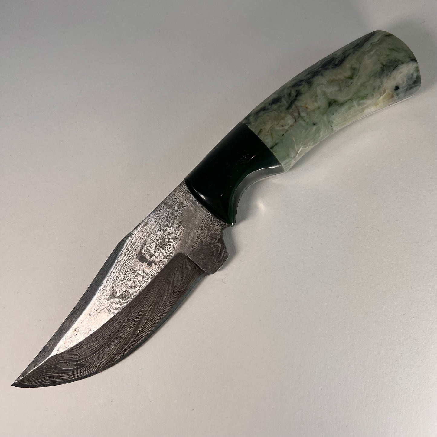 Hand-Carved Nephrite Jade Damascus Hunting Knife