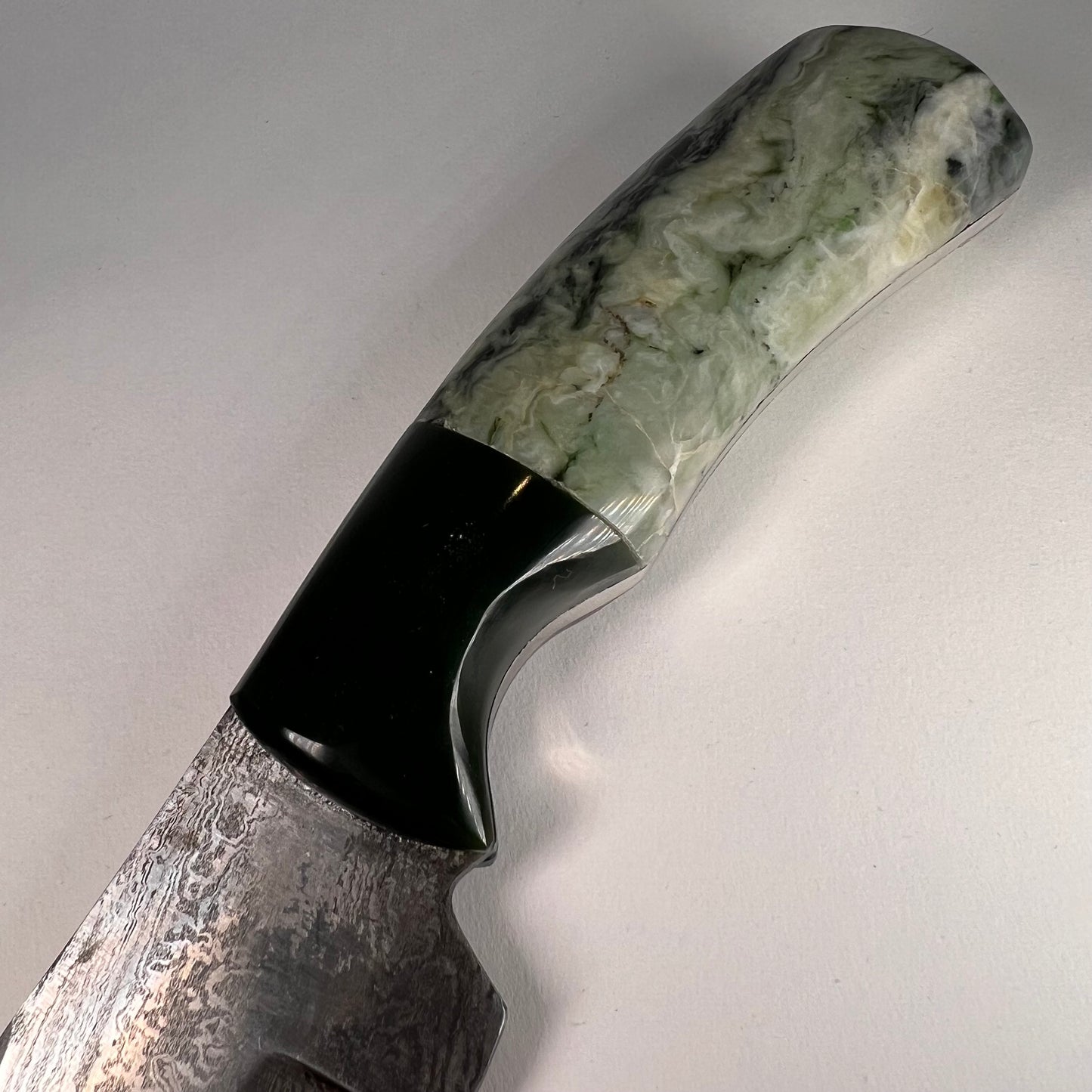 Hand-Carved Nephrite Jade Damascus Hunting Knife