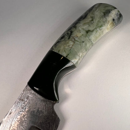 Hand-Carved Nephrite Jade Damascus Hunting Knife