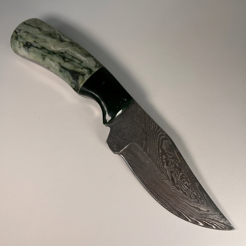 hand carved jade knife handle with Damascus steel blade
