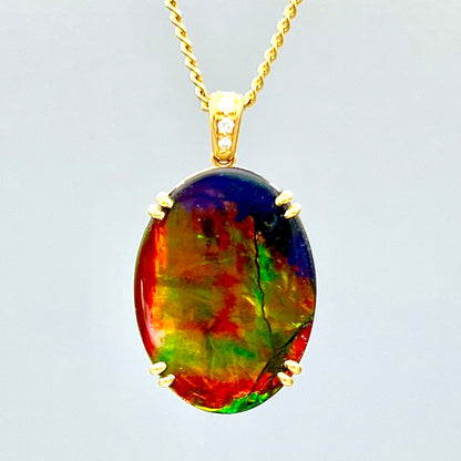 18K Yellow Gold Ammolite Pendant - Rare Picture Ammolite