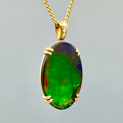 18K Yellow Gold Ammolite Pendant - Rare Picture Ammolite