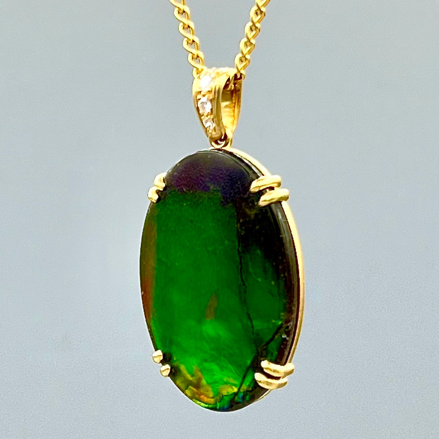 18K Yellow Gold Ammolite Pendant - Rare Picture Ammolite