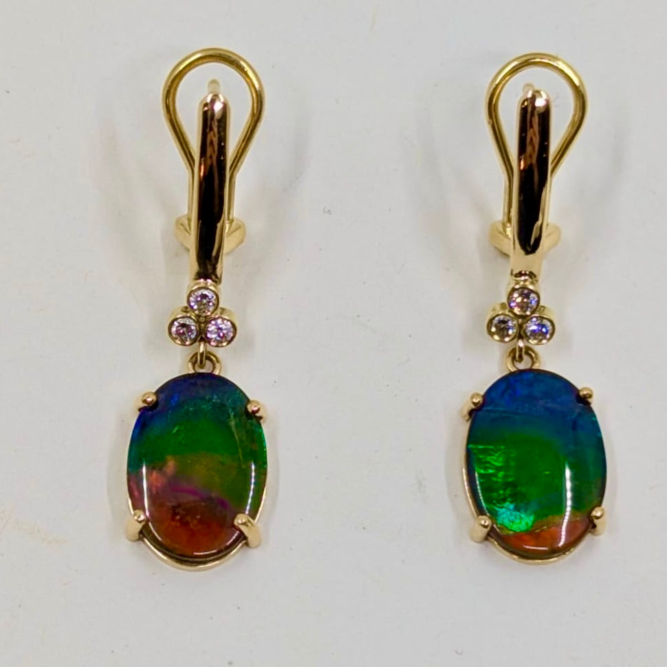 Omega Back 18K Gold & Diamond, AAA Ammolite Drop Earrings