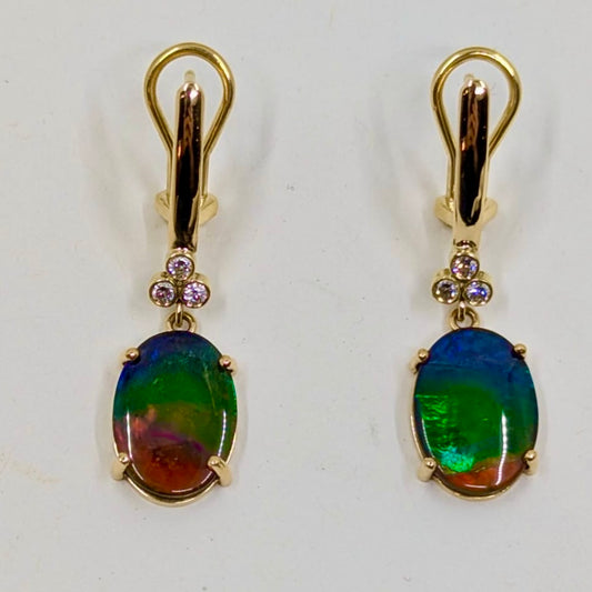 Omega Back 18K Gold & Diamond, AAA Ammolite Drop Earrings