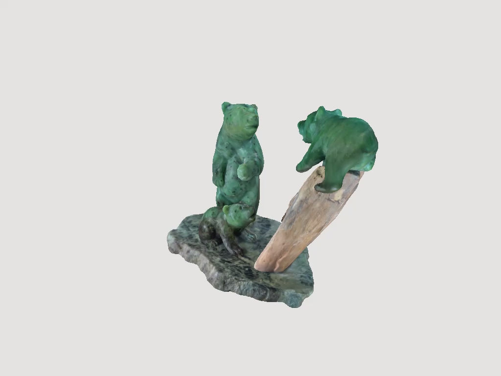 BC Jade Grizzly Bear & Cub w/ Salmon Sculpture