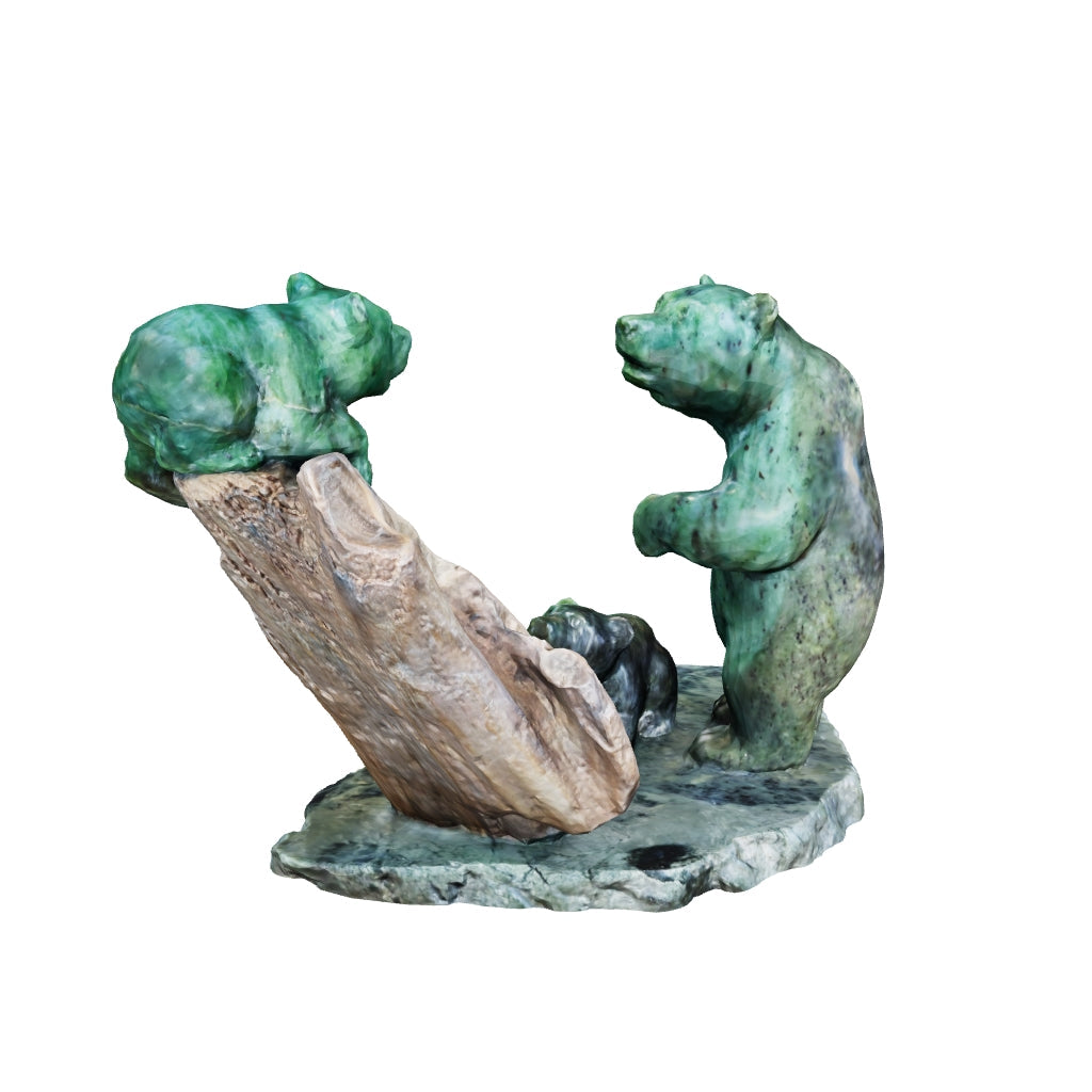 BC Jade Grizzly Bear & Cub w/ Salmon Sculpture