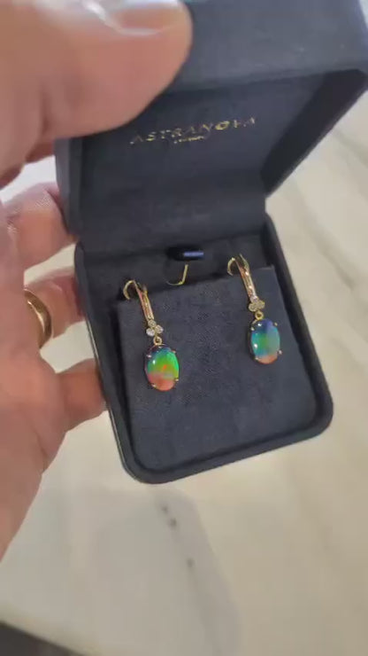 Omega Back 18K Gold & Diamond, AAA Ammolite Drop Earrings