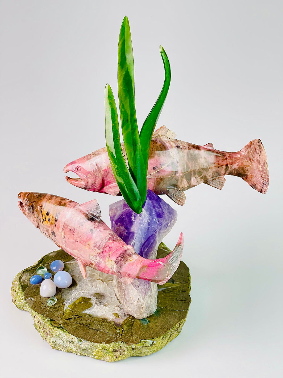 Headwater – BC Rhodonite, BC Jade, Agate, Amethyst wildlife sculpture