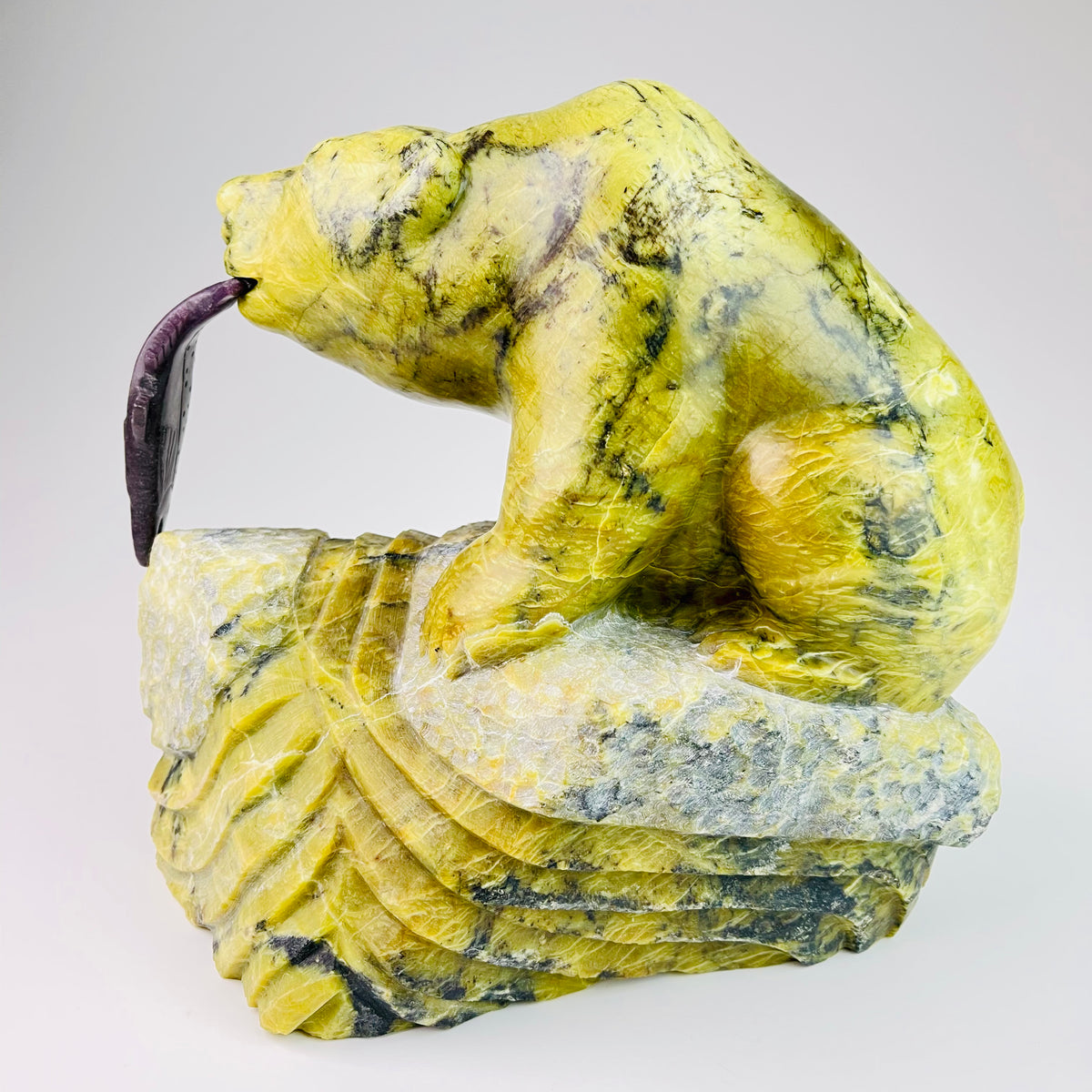 Lucky Catch – BC Green Brucite & Purple Lepidolite stone sculpture