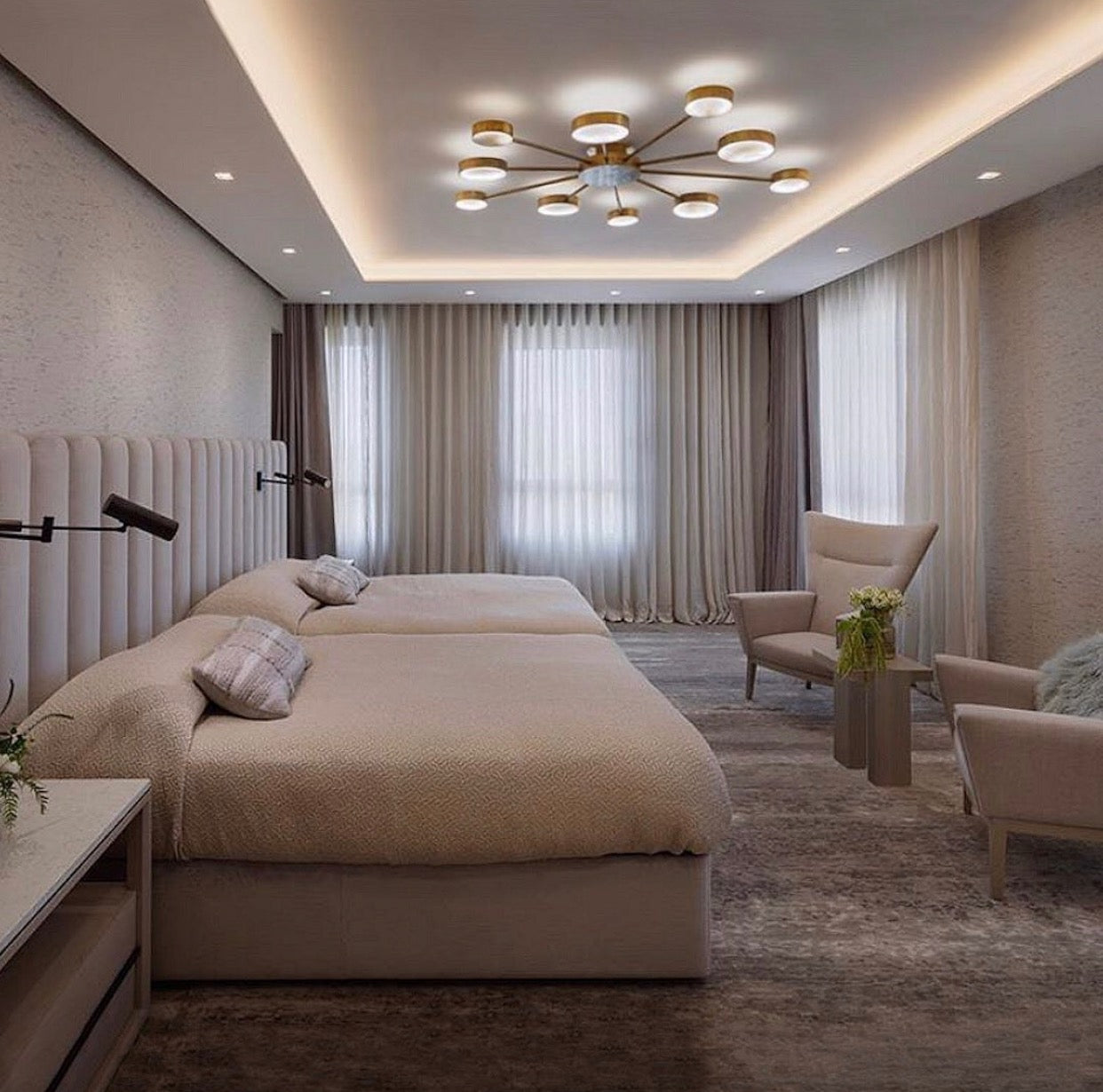 This designer hotel room lighting used Fathom Stone Art Alabaster Stone Light Sunburst.  The glow in the stone illuminating the ceiling a room looks galactic.  