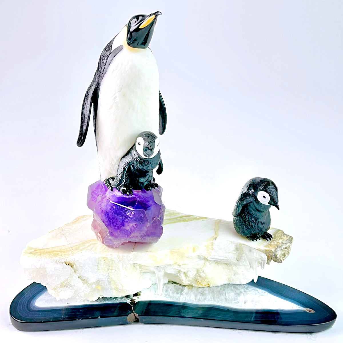 Penguin Picnic – Black Jade, Amethyst wildlife sculpture