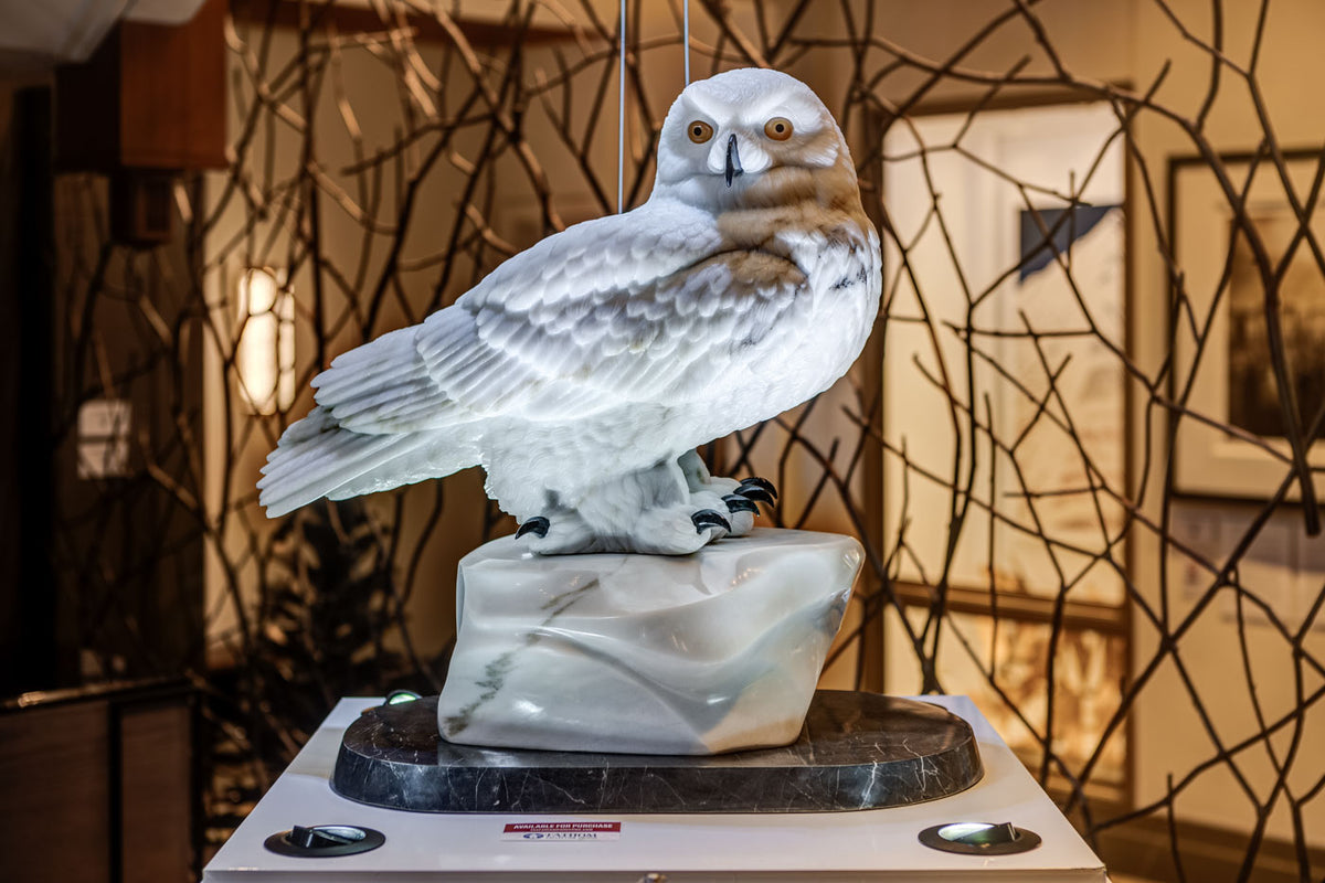 Snowy Owl – Colorado White Marble, BC Black Jade stone sculpture